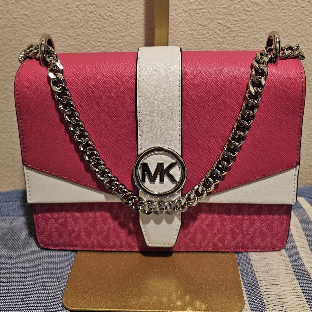 Michael Kors Pink and White Chain Shoulder Bag Greenwhich